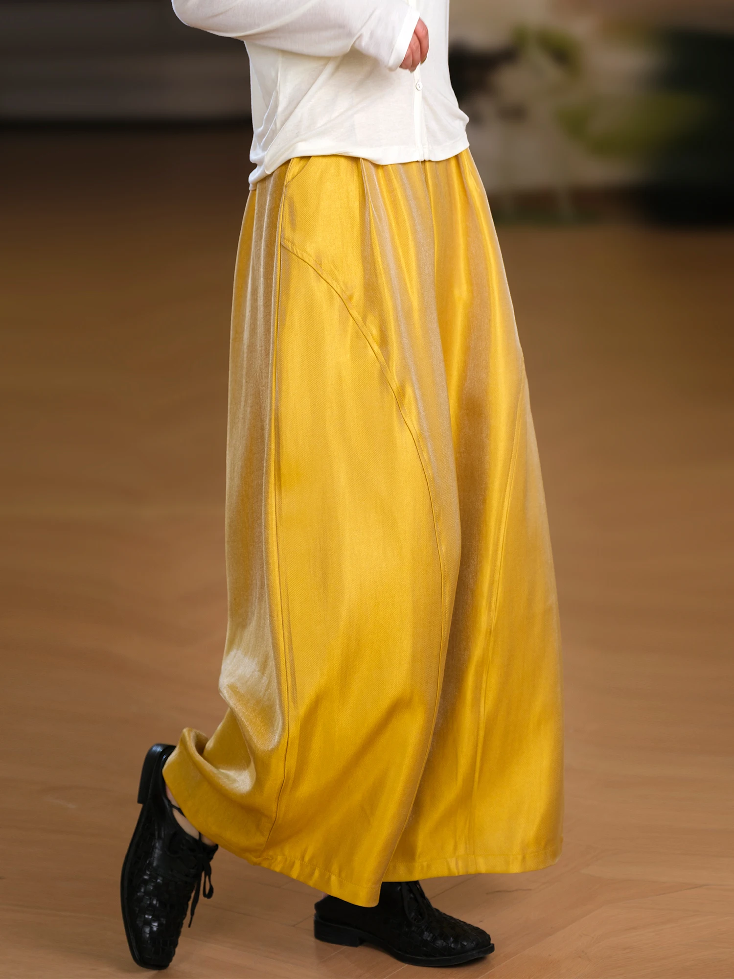 

Silk Texture Casual Pants Women's High Waist Elastic Waist Tulip Shape Stand up Collar Simple Style Cotton Blend