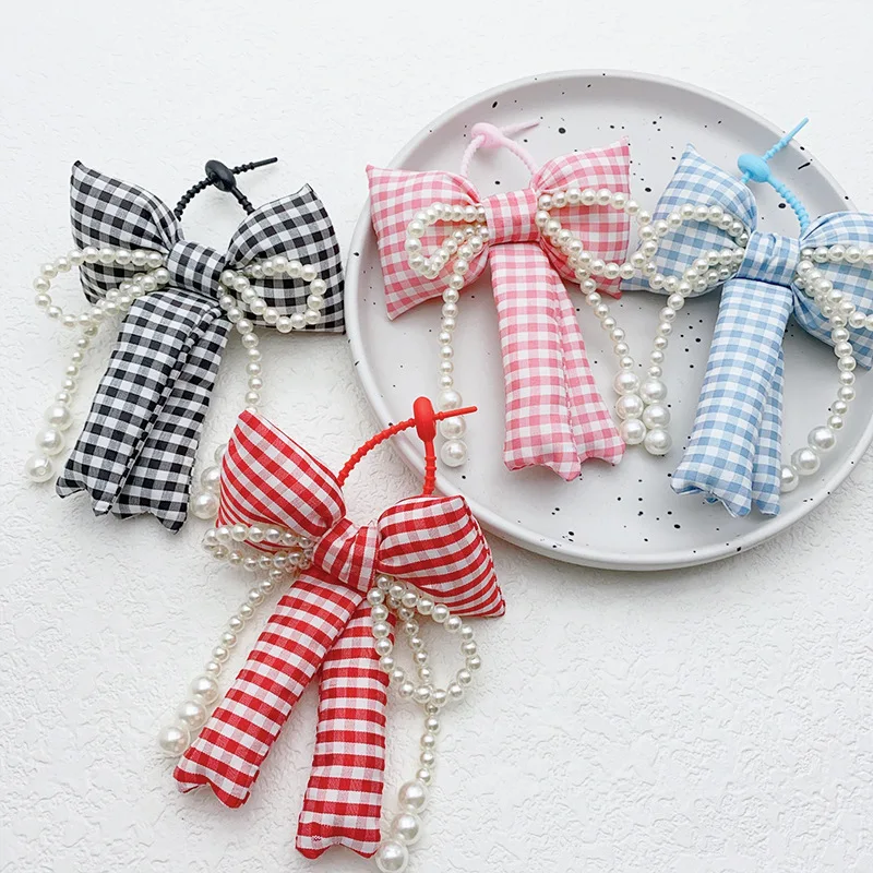 

Women's Bag Charms Korean Plaid Bow Pearl Kawaii Cute Sweet Simple Versatile Bag Accessories Multifunctional Keychain For Girl
