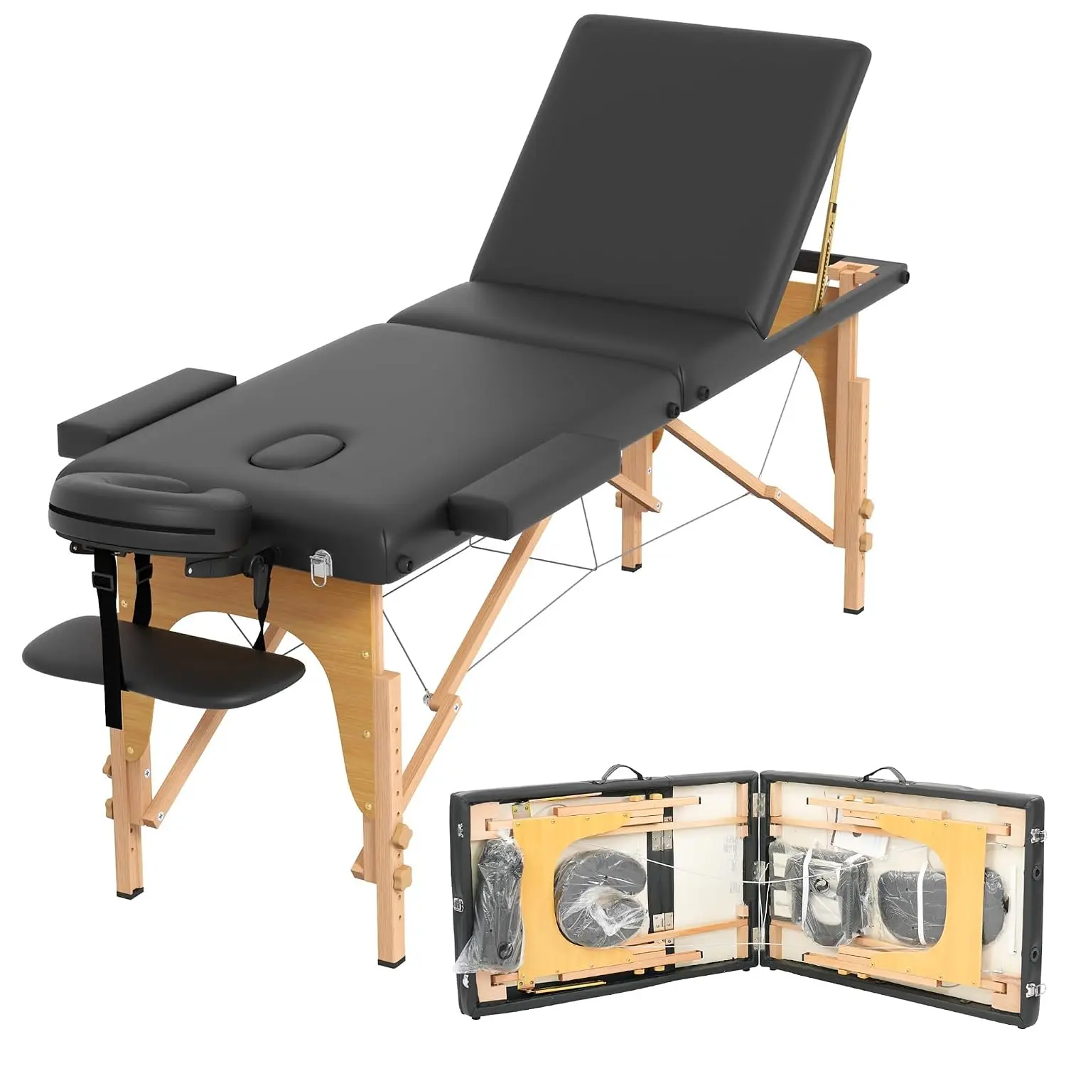 Portable 3-Section Foldable Massage Bed, Height Adjustable Spa Table with Face Cradle, Lightweight Wood Frame, Black, Customized