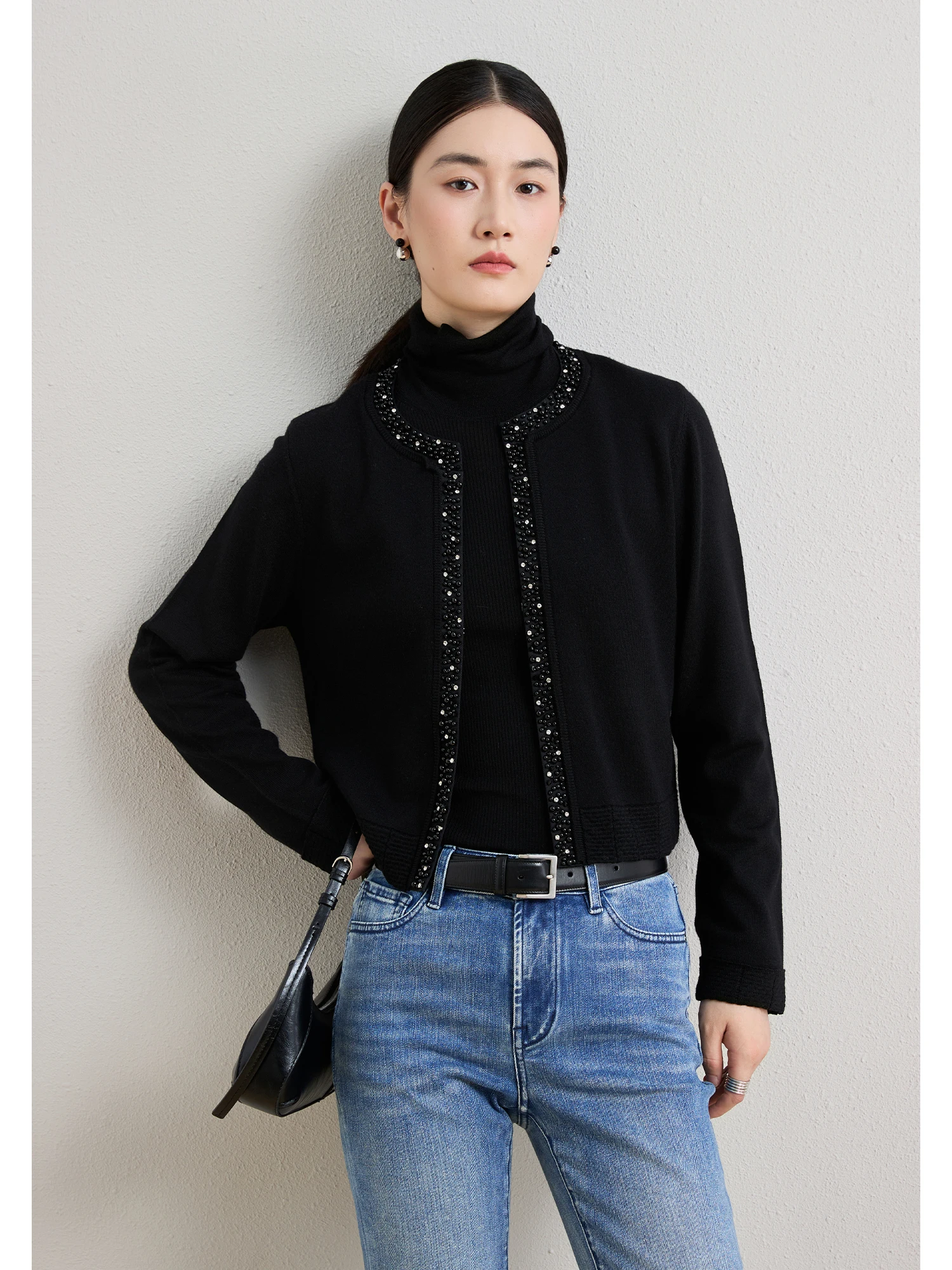 

Кардиган ChangDX Premium из тонкой шерсти с вышивкой бисером, мягкий, с круглым вырезом, короткий рукав, женское пальто