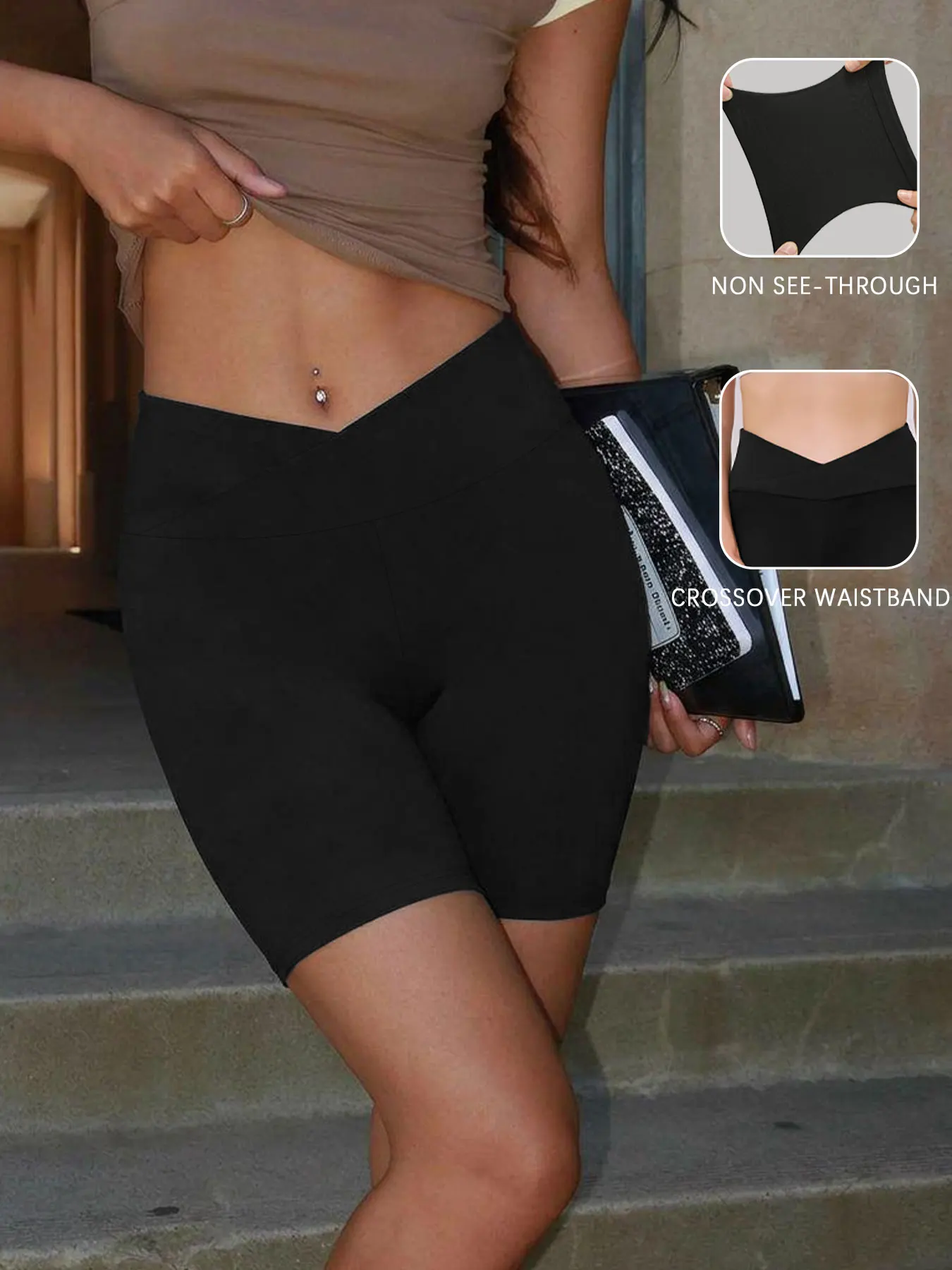Damen Superweiche Crossover High-Waist Biker-Shorts mit Bauchkontrolle, Blickdicht, für Workout, Yoga und Laufen – Detail 9