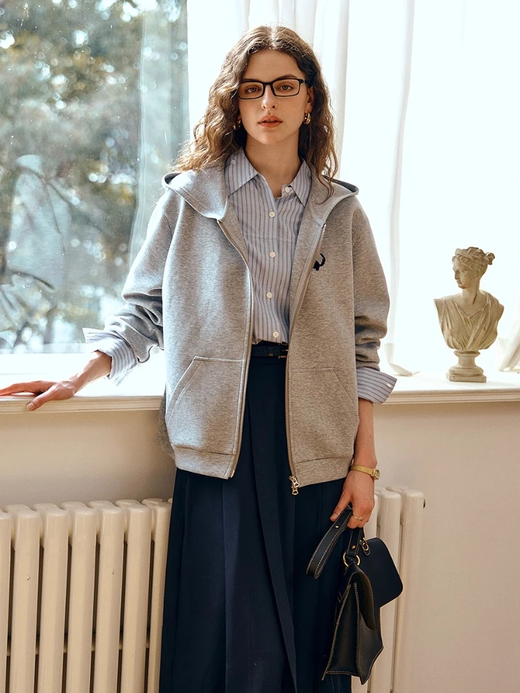 OLrain Women's Grey Casual Cat Embroidered Hoodies Autumn 2025 New Loose Soft Warm Comfortable Knitted Outerwear O57QW001216