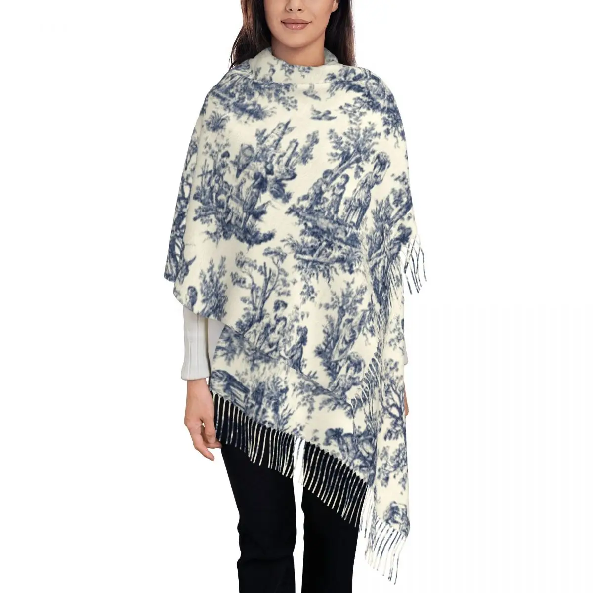 Female Long Vintage Toile De Jouy Scarves Women Winter Soft Warm Tassel Shawl Wrap Navy Blue And White Scarf