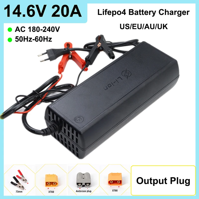 

14.6V 20A LiFePO4 Charger 4S 12.8V Lifepo4 Battery Pack Charger Smart Power off AC180-240V US/EU/AU/UK Plug