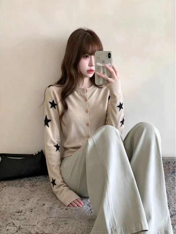 Early Autumn Korean Style Lazy Casual Color Block Long Sleeve Knitted Open Cardigan Women's Versatile Outerwear Star Pattern