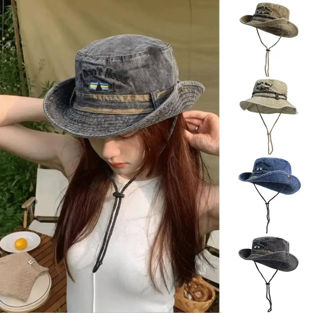 

Windproof Vintage Washed Denim Hat Wide Brim Sunscreen Fisherman Caps Drawstring Adjustable Letter Embroidery Sun Hats Camping