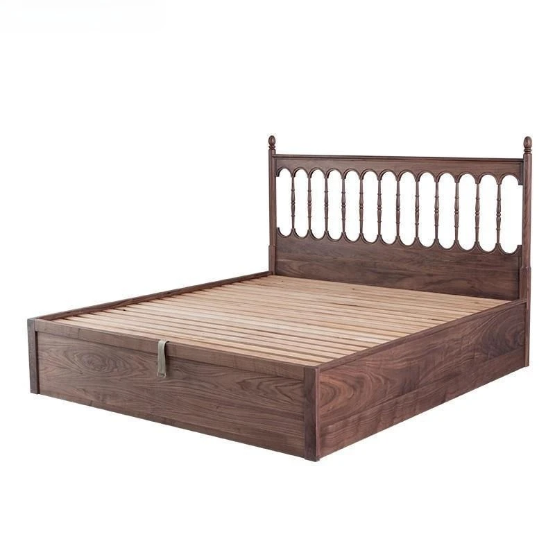 

North American black walnut air pressure high box bed, double bed, modern simple wedding bed, solid wood storage bed