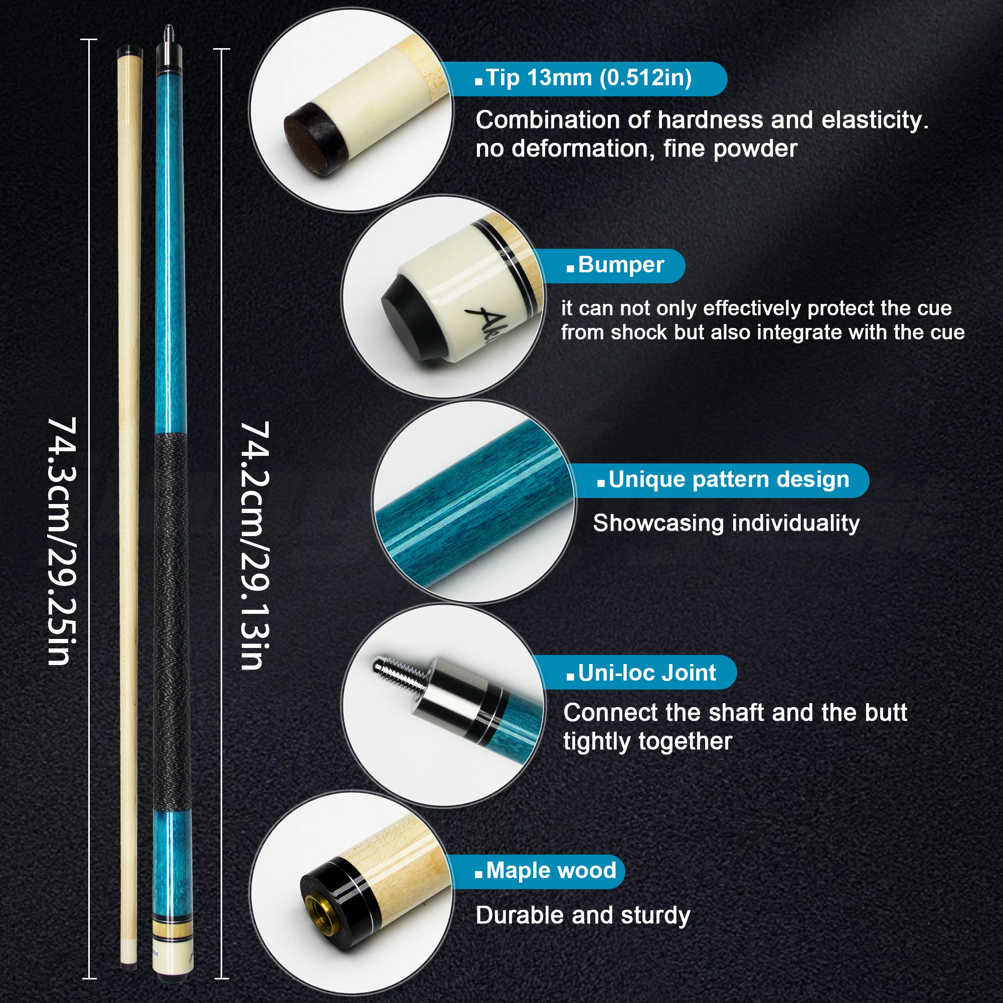 

58.38in Irish Wrapped Pool Cue 13mm Premium Blue Maple Wood Professional Billiards stick Non Slip 8 9ball Carom Beginner Precise