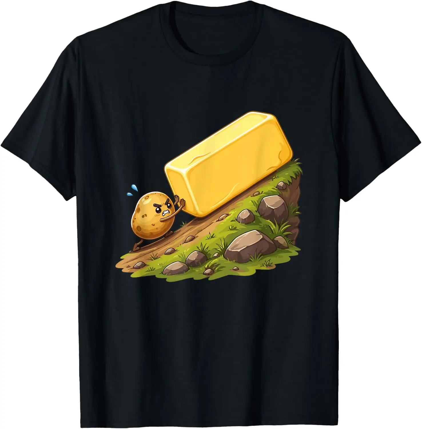 Motivated Potato Pushing Butter Workout Humor T-Shirt Versatile, heavyweight pure cotton short-sleeve tee—trendy, thick fabric; a great gift for Christmas or Halloween.
