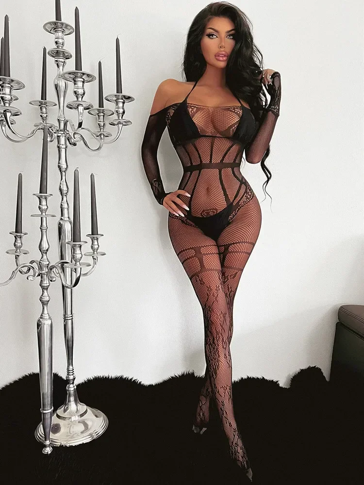 Mesh Transparent Full Body Stockings Fashion Fishing Nets Tight Lingerie Women One-piece Underwear Exotic Erotic Jumpsuit