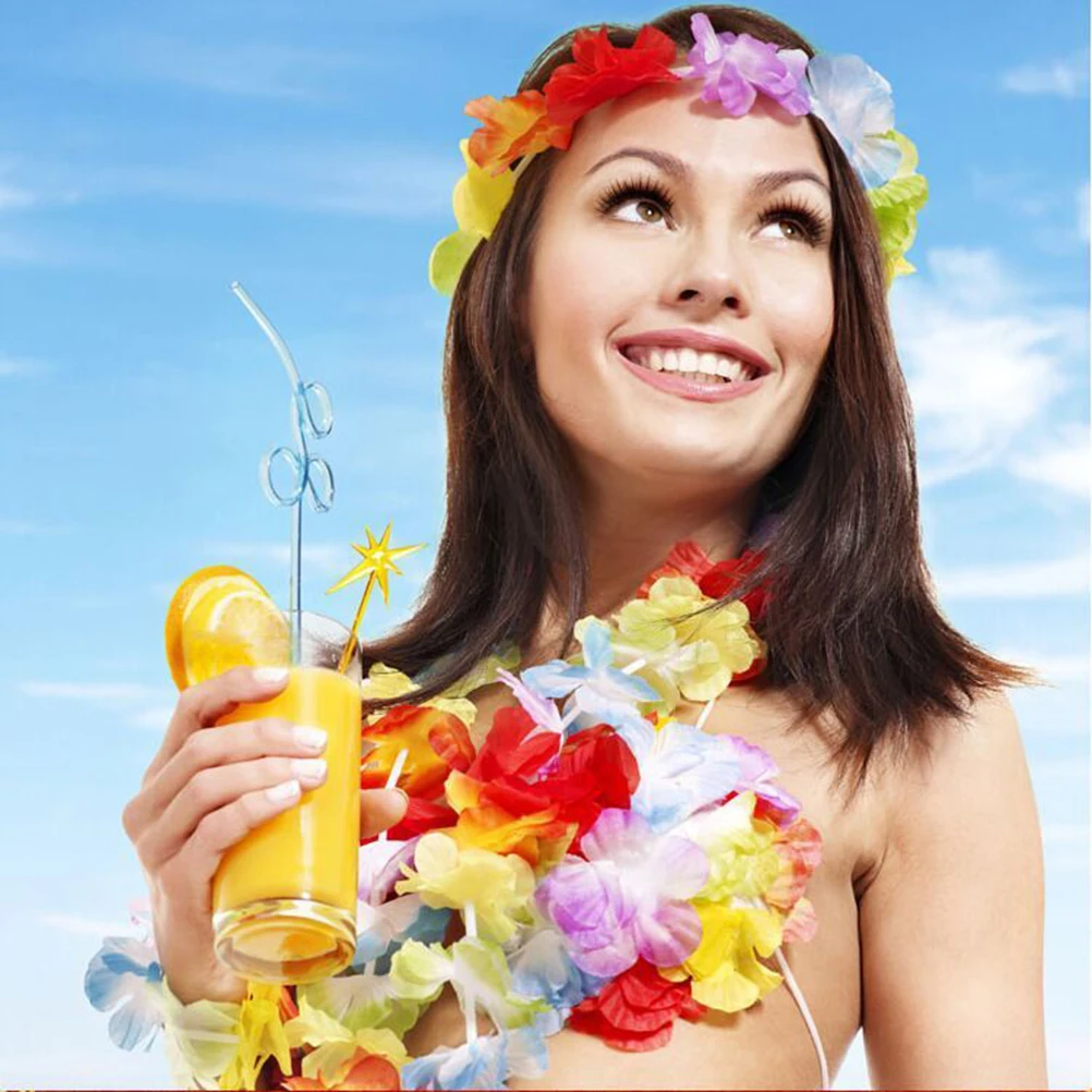 

5Pcs Colorful Hawaiian Flower Necklace Garland Lightweight Luau Party Beach Hula Costume Accessory Tropical Flower Lei