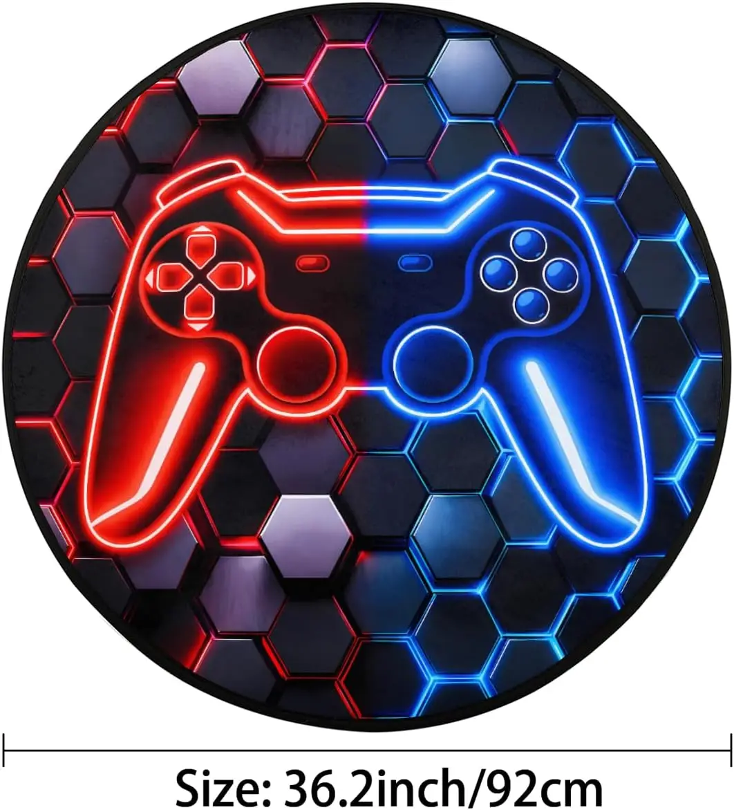 Round Neon Gaming Controller Mat Rug for Gamer Playroom Decor Console Mat Glow Effect Accessories Gaming Room Carpet