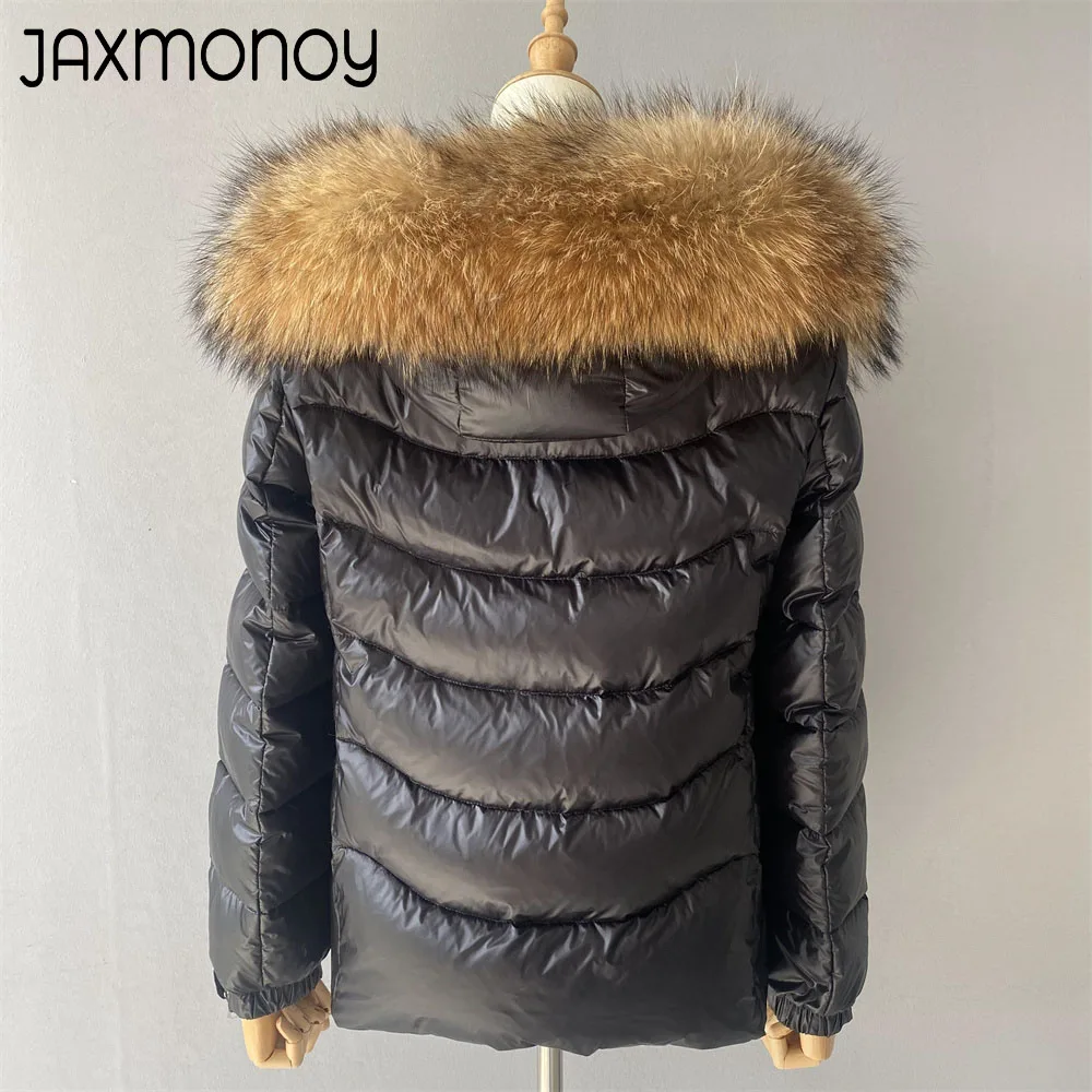 Jaxmonoy-Jaqueta com capuz de pele de guaxinim real feminina, casaco branco quente de pato, moda feminina, inverno grosso, 2023