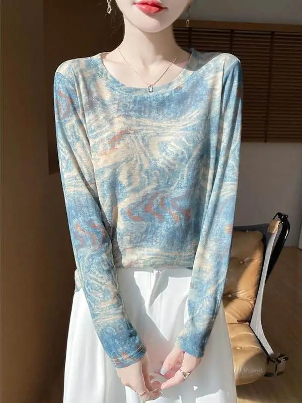 

Женская футболка с длинным рукавом и принтом в стиле ретро, тонкая, для весны и лета, с защитой от солнца, для кондиционированных помещений, из лиоцелла, внутренняя футболка