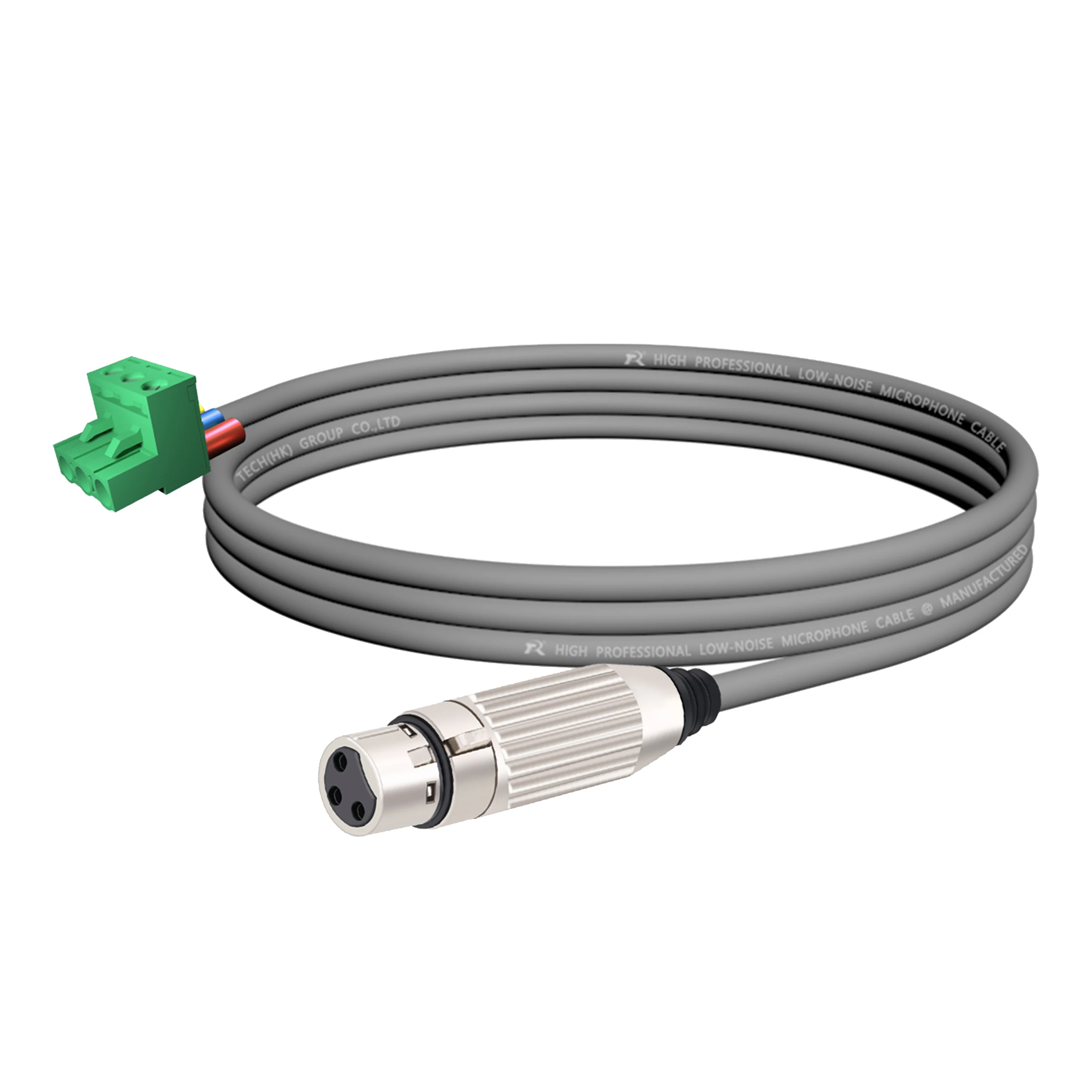 3-poliger Phoenix-Stecker, verbunden mit einem versilberten XLR 3-poligen Stecker, farbcodiertes Kabel, geeignet für professionelle Audiogeräte. – Detail 16