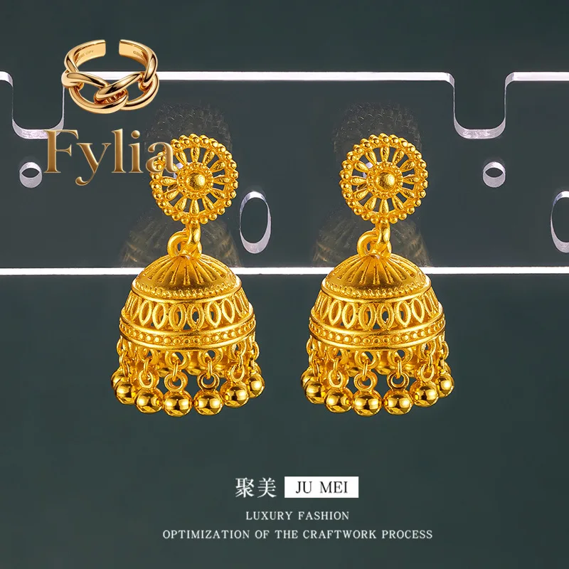 

Fylia Jewelry Bohemian beads earrings ethnic style earrings Bohemian tribal girl 9999 24K real gold light luxury earrings