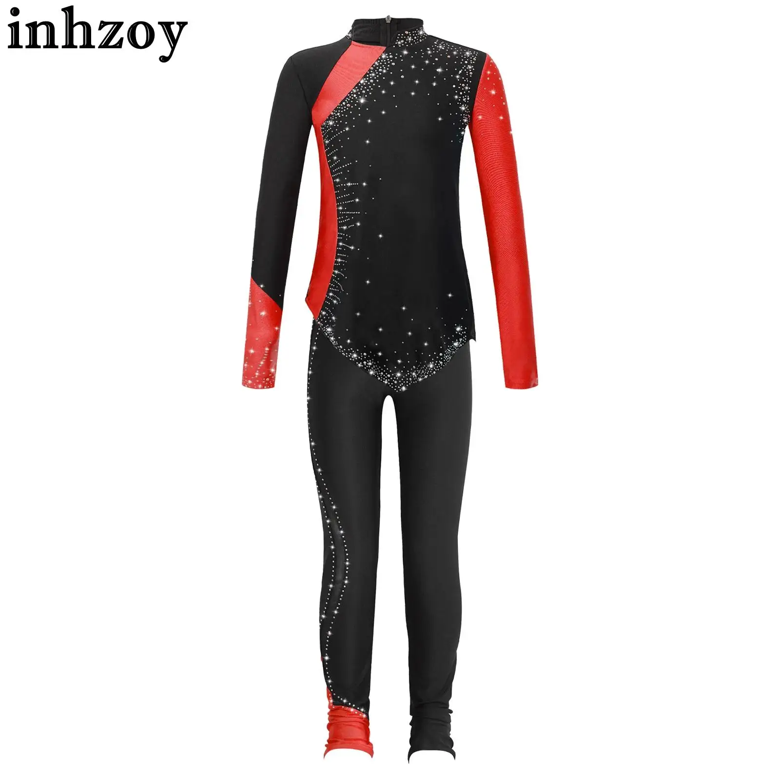 Kids Girls Figure Skating Performance Costume Ballet Dance Gymnastics Dancewear Rhinestones Long Sleeve Sweatshirt Tops Leggings