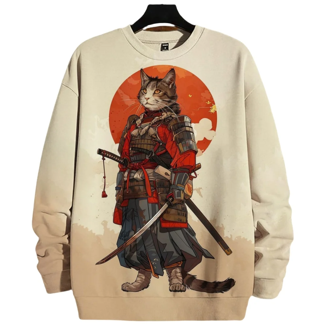 Japanese Samurai Cat Print Men\'s Sweatshirts Cotton Round Neck Long Sleeve Loose Pullover Autumn Oversized Men Clothing Tops 5XL