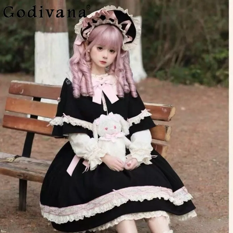 

Autumn Winter Lolita Dress Set Women's Japanese Style Black OP Cape Lolita Dress Female Bow Collar Princess Dress Suits