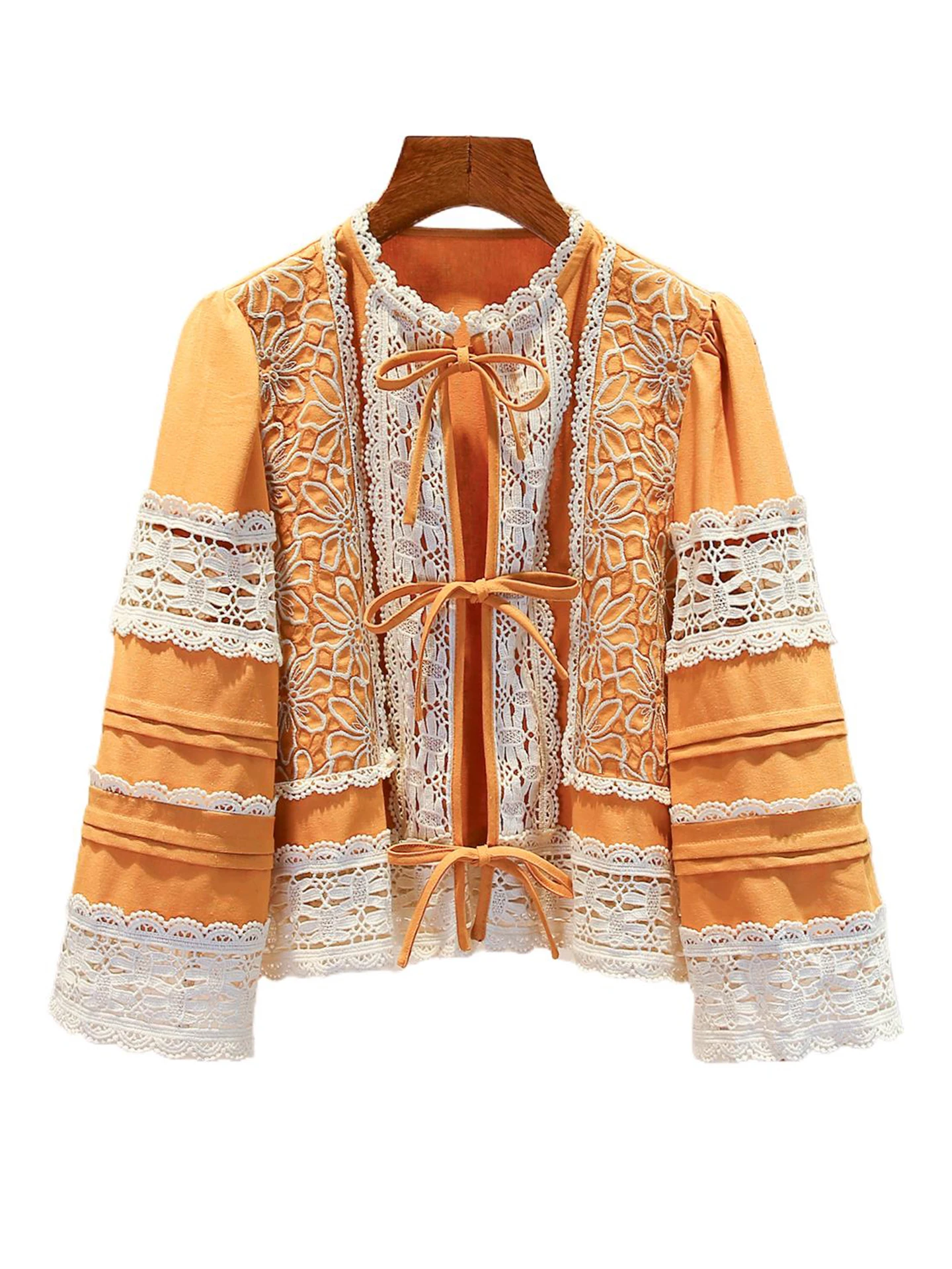 High-End Women's Lace Hollow out Belted irt Autumn Winter New Design Commute Sle Loose Fit Long Sve round Ne Top