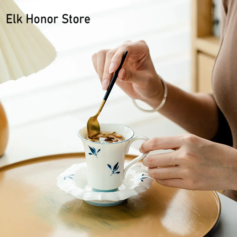125ml Pure Hand-painted Butterfly Orchid Porcelain Coffee Cup with Saucer Mug Couple Coffee Mug Breakfast Milk Mug + Spoon Gifts