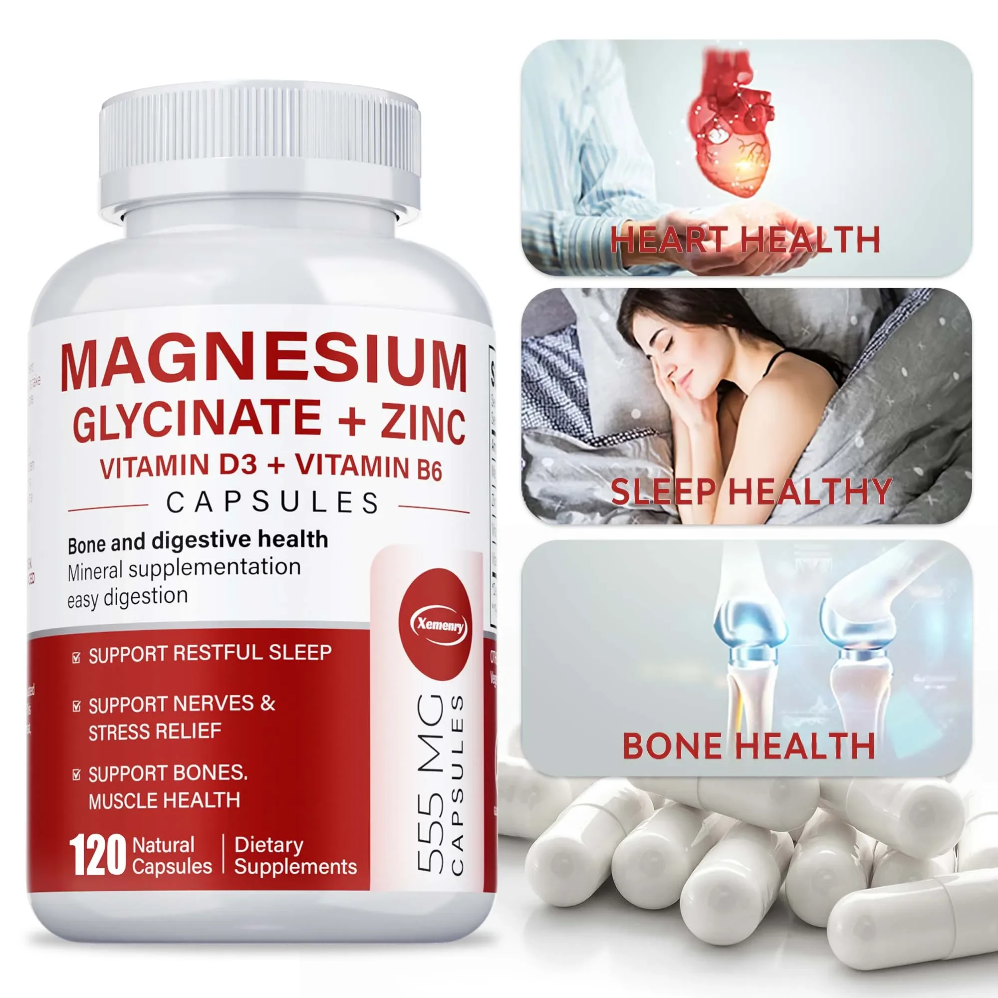 

Magnesium Glycinate Capsules + Zinc - Muscle, Sleep, Joints, Bones, Immune and Cardiovascular Health, Helps with Stress