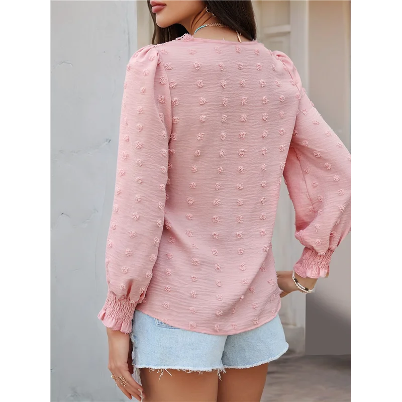 

ABRT-летние топы для женщин, 2025 г., блузки в стиле бохо в швейцарский горошек, рубашки с длинными рукавами, струящаяся повседневная одежда с v-образным вырезом, крестьянская кружевная подол