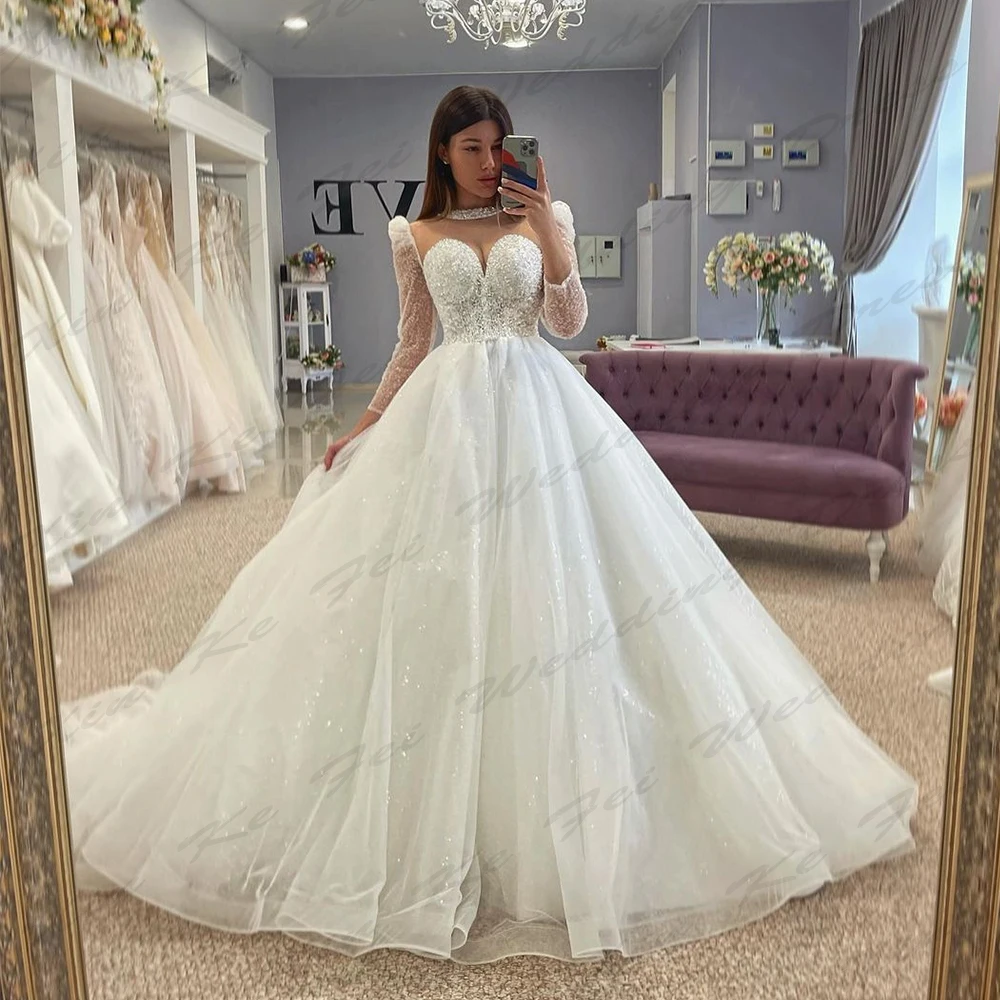 Luxurious Beautiful New Wedding Dresses For Women Off Shoulder Long Sleeves Simple Fluffy Princess Style Mopping Bridal Gowns