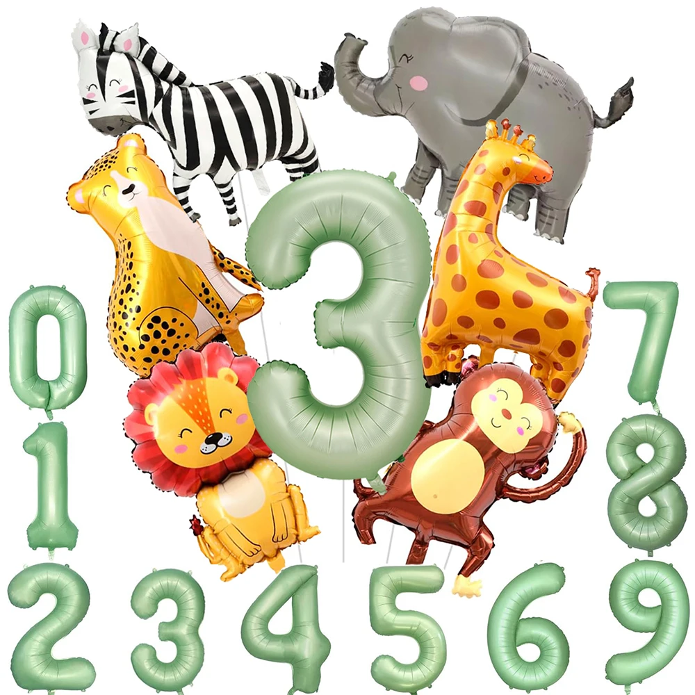 Jungle Safari Animal Balloons Sage Green Big Foil Number 0-9 Balloons for Kids Safari Birthday Party Decors Baby Shower Supplies