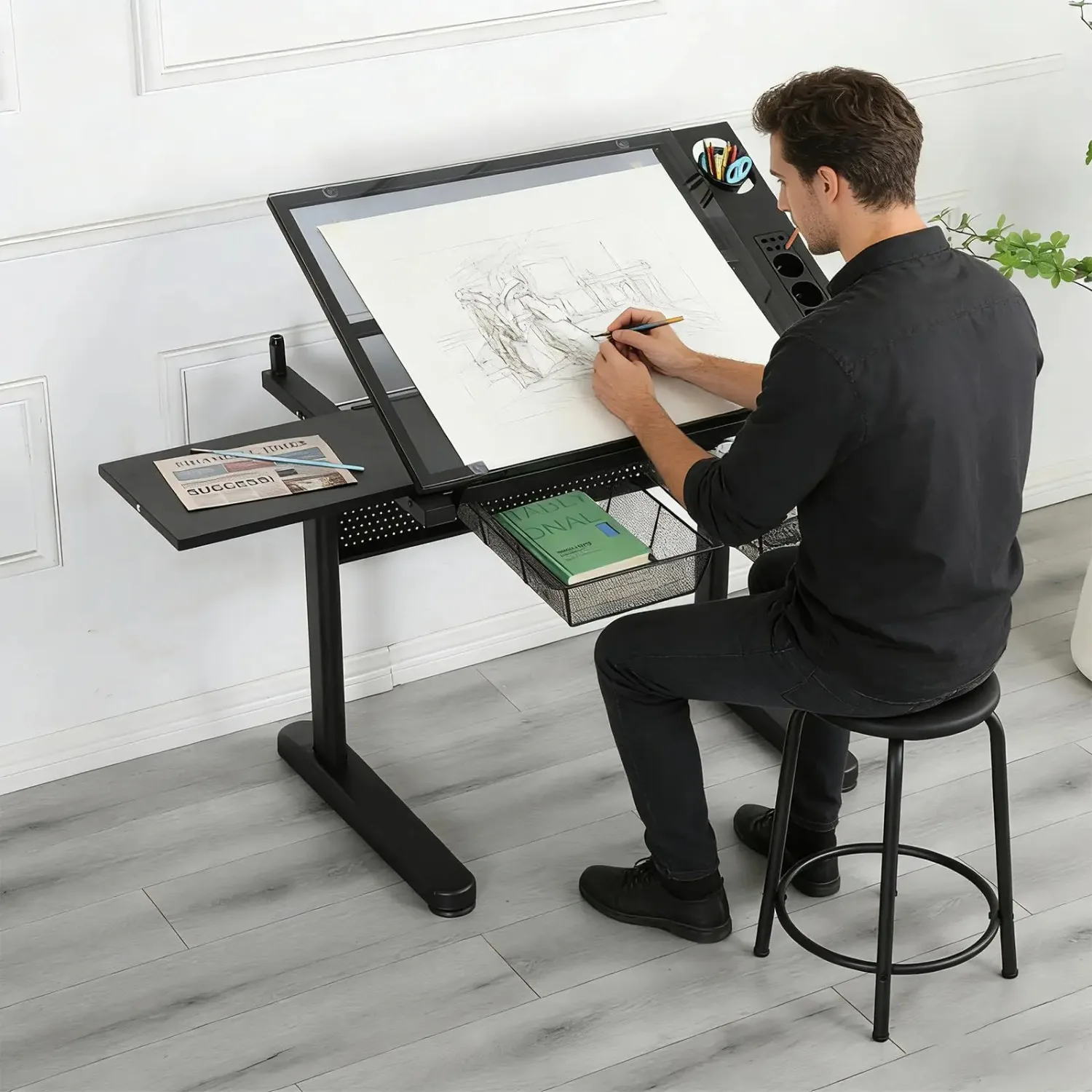 Adjustable Drafting Table with Hand-Crank Lift, 0-75° Tilting Tempered Glass Art Desk with Metal Drawers & Slide-Out