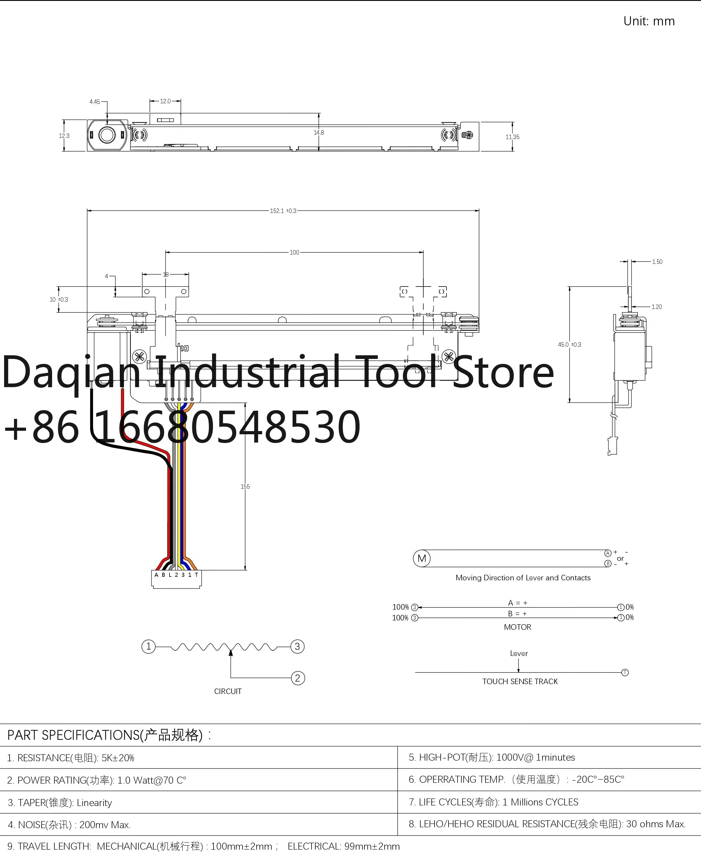 y4sTerwin Digital Mixer Part 100mm High Stability T-handle Slide Motorized Potentiometer With Wire Fader