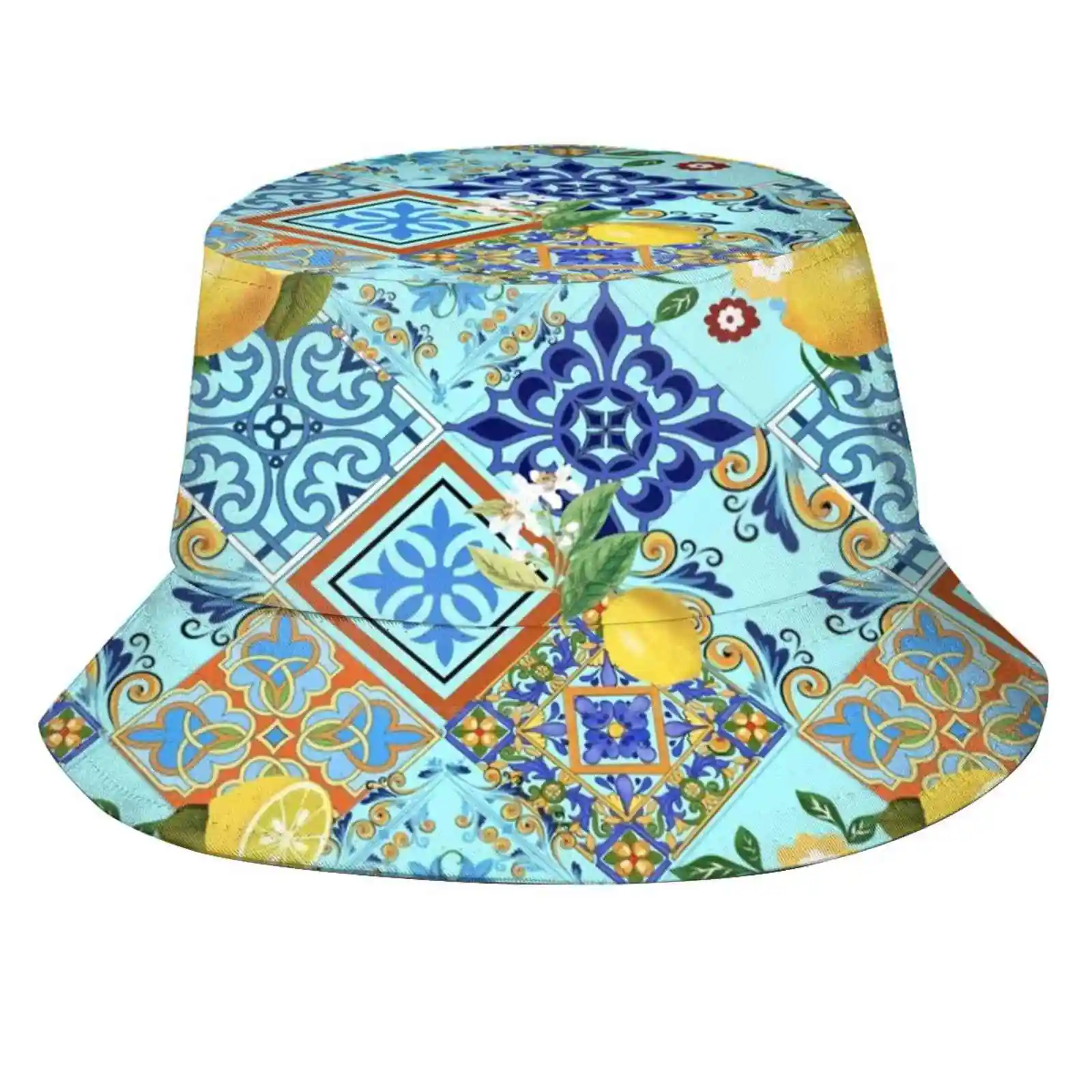 Mediterranean Tiles & Lemons Uv Protection Foldable Bucket Hats Women Men Mediterranean Yellow Lemons Portuguese Portugal Spain