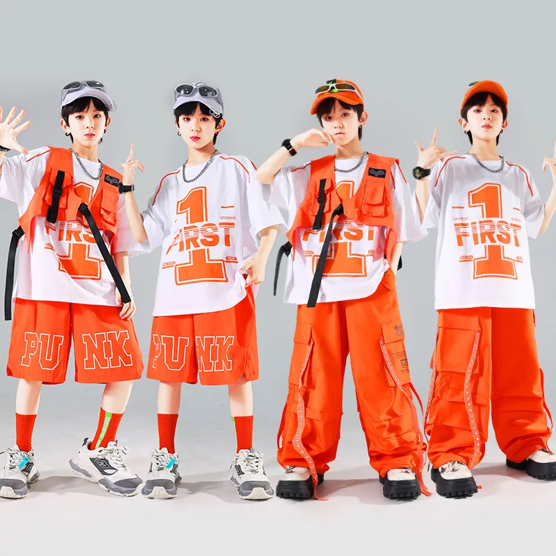 ชุดเสื้อผ้าฮิปฮอปสำหรับเด็ก เสื้อกั๊กสีพื้น เสื้อยืด กางเกงขาสั้น กางเกงคาร์โก้ ชุดเต้นสตรีทแดนซ์สำหรับเด็กผู้ชาย ชุดเต้นแจ๊สและโมเดิร์นแดนซ์สำหรับเด็กผู้หญิง