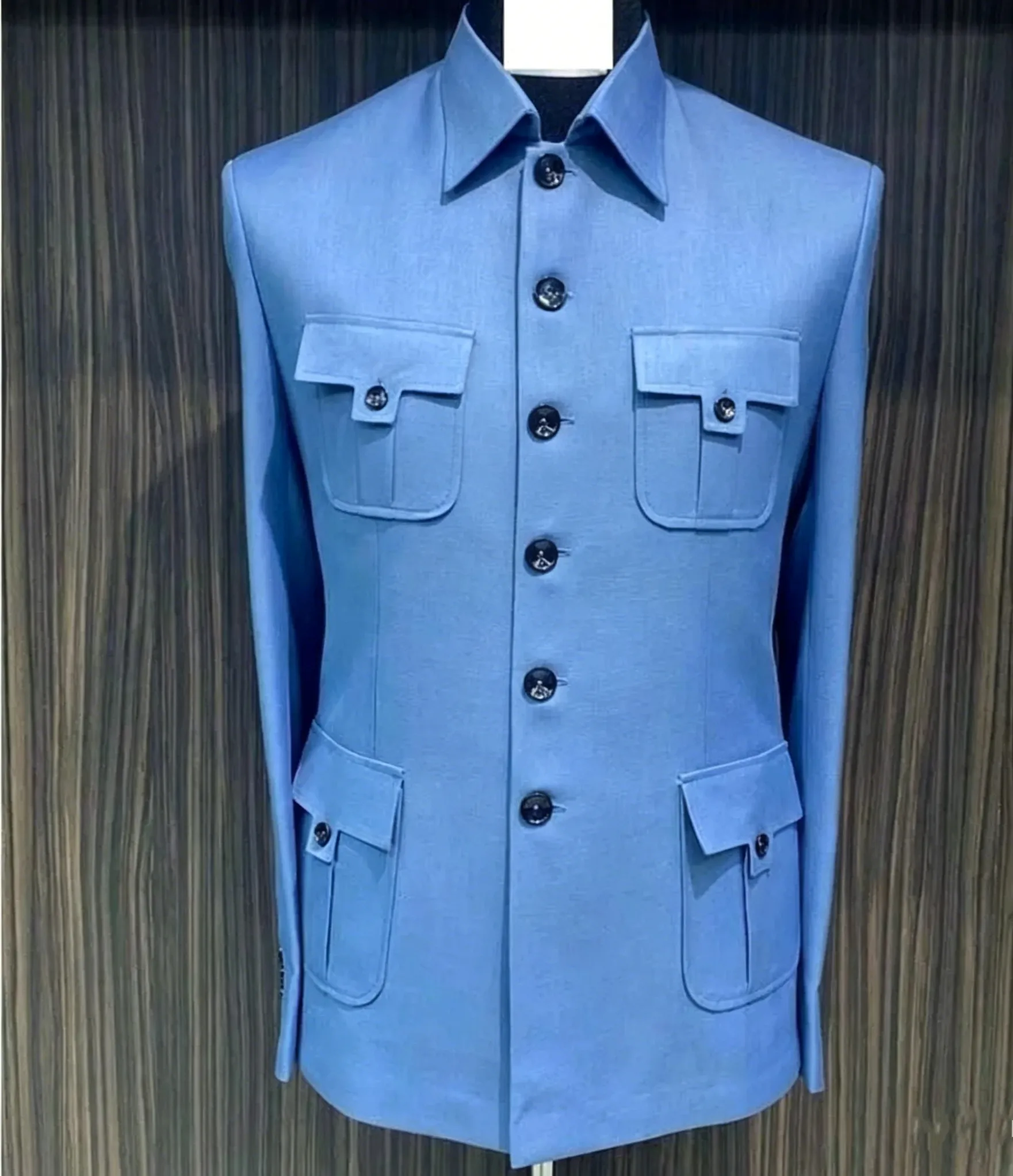 

Blue Men Suits Single Breasted Four Pockets Business Formal Wedding Groom Formal Casual Male Clothing 2 Pieces Jacket Pants