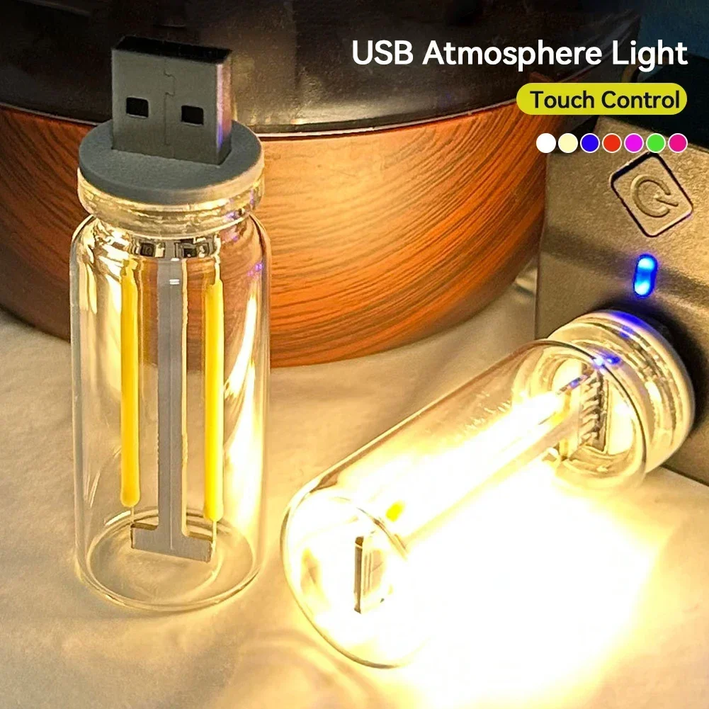 Car USB Night Light Touch Dimmable LED Filament Lamp Portable Lighting Plug and Play Decorative Atmosphere Light for Car Bedroom