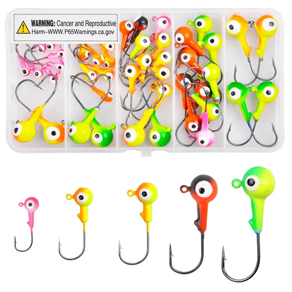 

50Pcs/Box Crank Jig Head Hook High Carbon Steel Round Ball Lead Head Jig Fishing Hooks for Soft Worm Lures Bass Trout