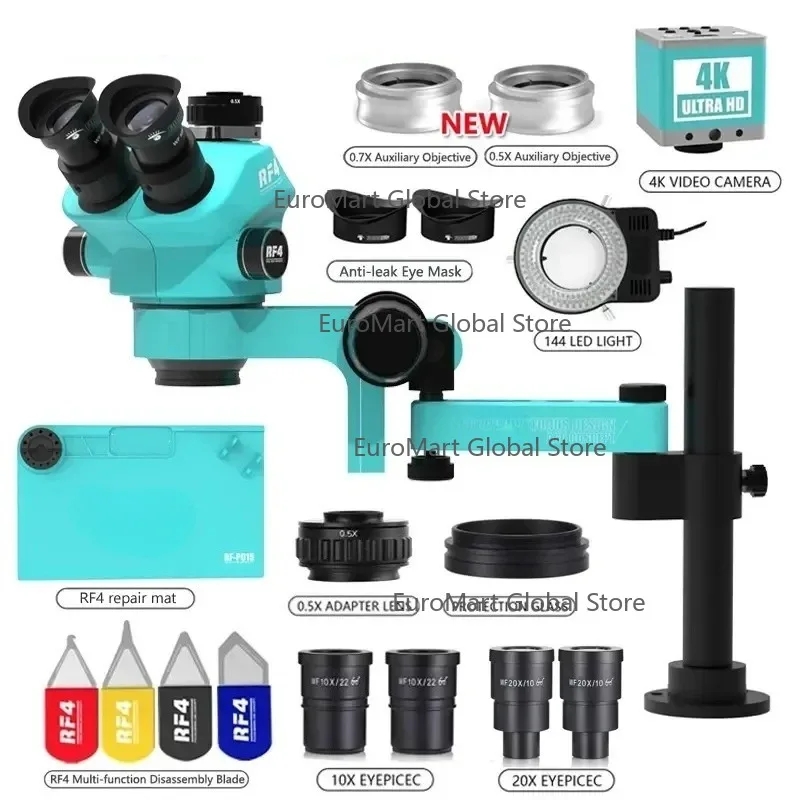 4K Camera RF4 Trinocular Stereo Microscope Set 360 ° Rotation Articulating Arm Stand Phone Soldering PCB Repair RF7050TVPRO-F019