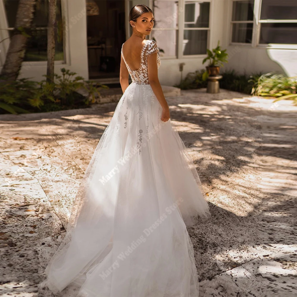 Querida colar a linha vestidos de casamento feminino mangas curtas rendas apliques vestidos de noiva banquete vestidos de novias personalizado