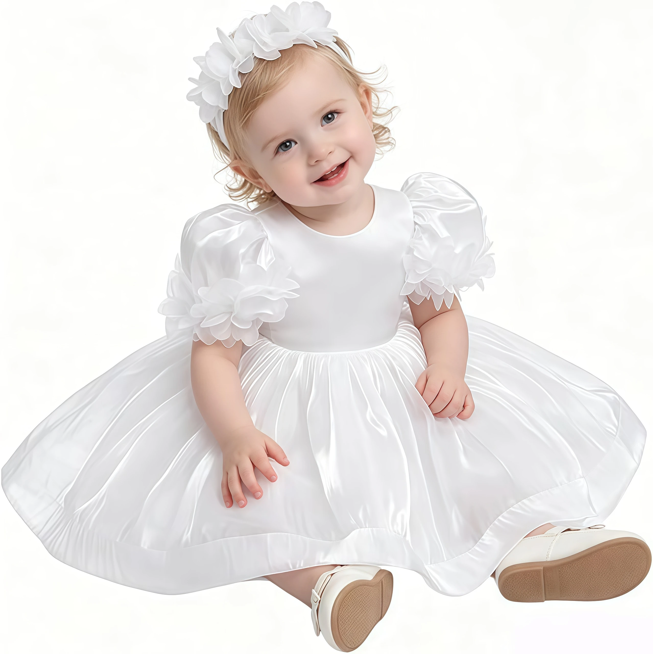 Flower Girls White Dresses With Headwear For Wedding Bridesmaid Baby Pageant Elegant Lace Tulle Baptism Princess Party Dress