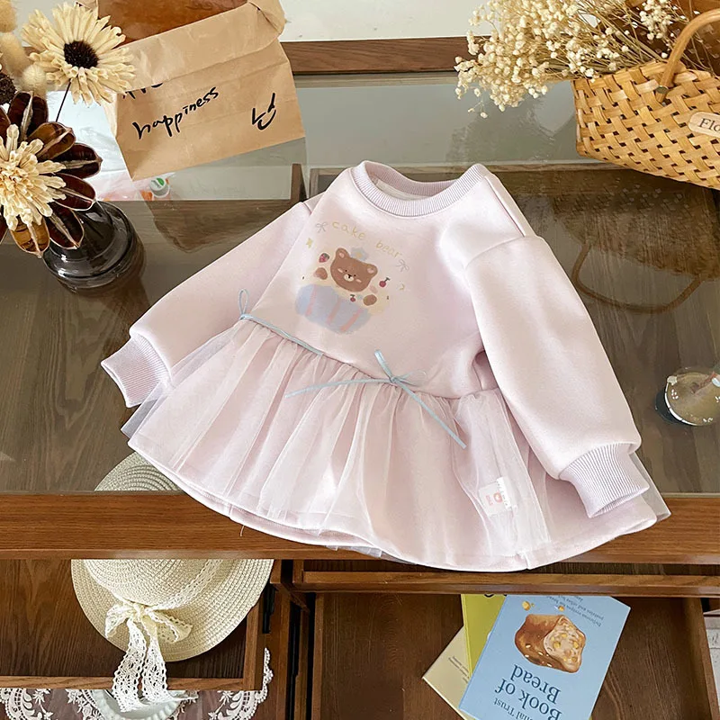 Spot GoodsQY259740Girls' Sweater2025خريف جديد رقبة مستديرة كارتونية شبكية مرقعة مبطنة بالصوف