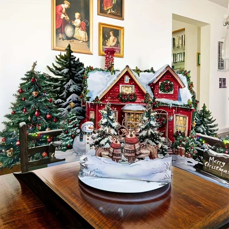 1 Pop-Up-Weihnachtskarte: Eine dreidimensionale, verschneite Winterhaus- und Lebkuchenhaus-Ausstellung – eine festliche Pop-up-Grußkarte