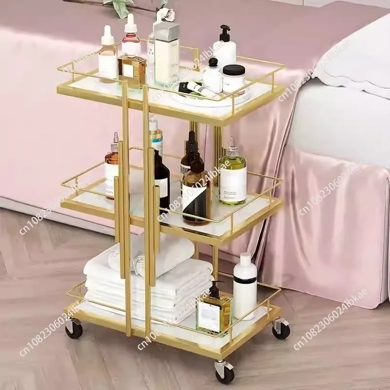 

Golden Iron Salon Trolleys Auxiliary Cart with Wheels Modern Salon Furniture for Beauty Salon Professional Tool Cart