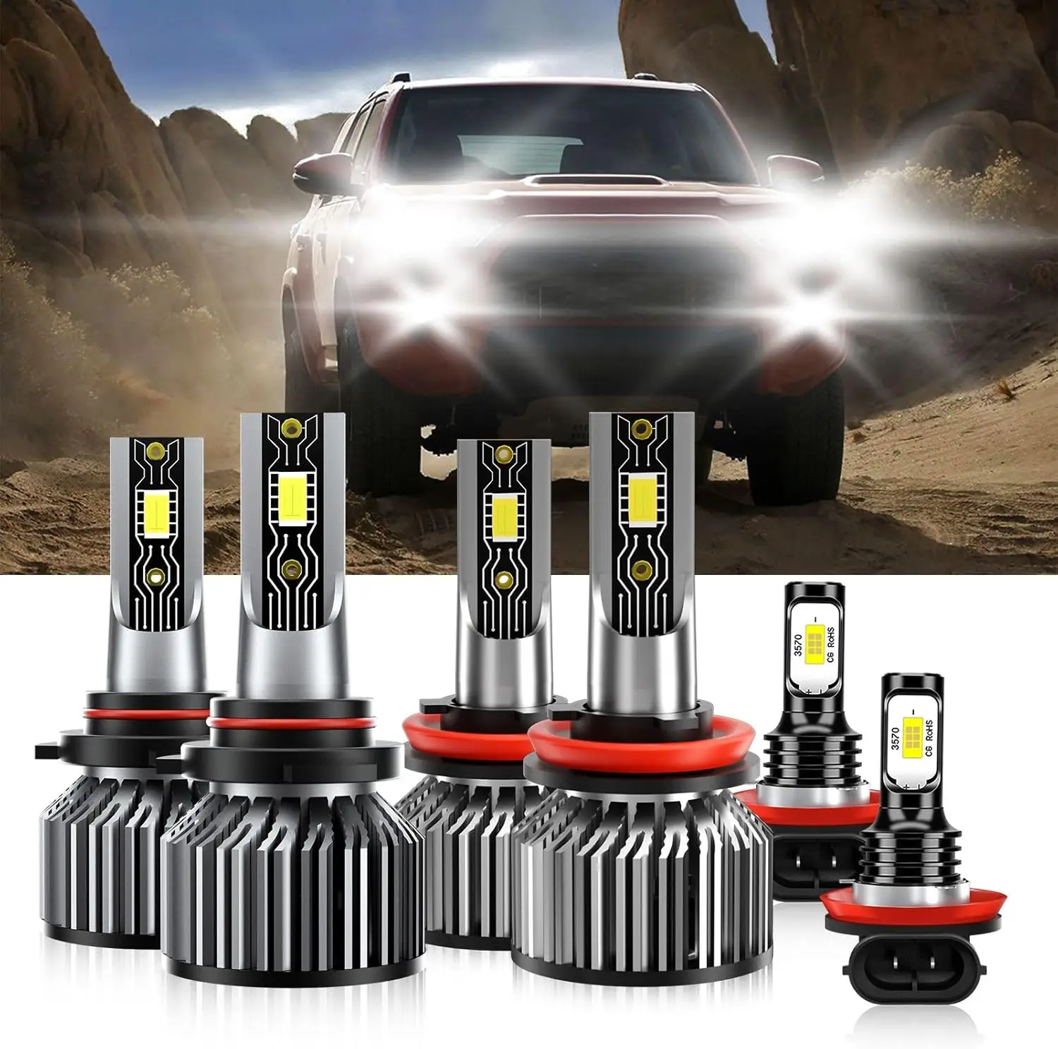 Compatible For Toyota 4Runner 2010-2021 9005 H11 High/Low Beam H11 Fog Light Bulbs, 600% Brightness 6500K White with Cooling Fan