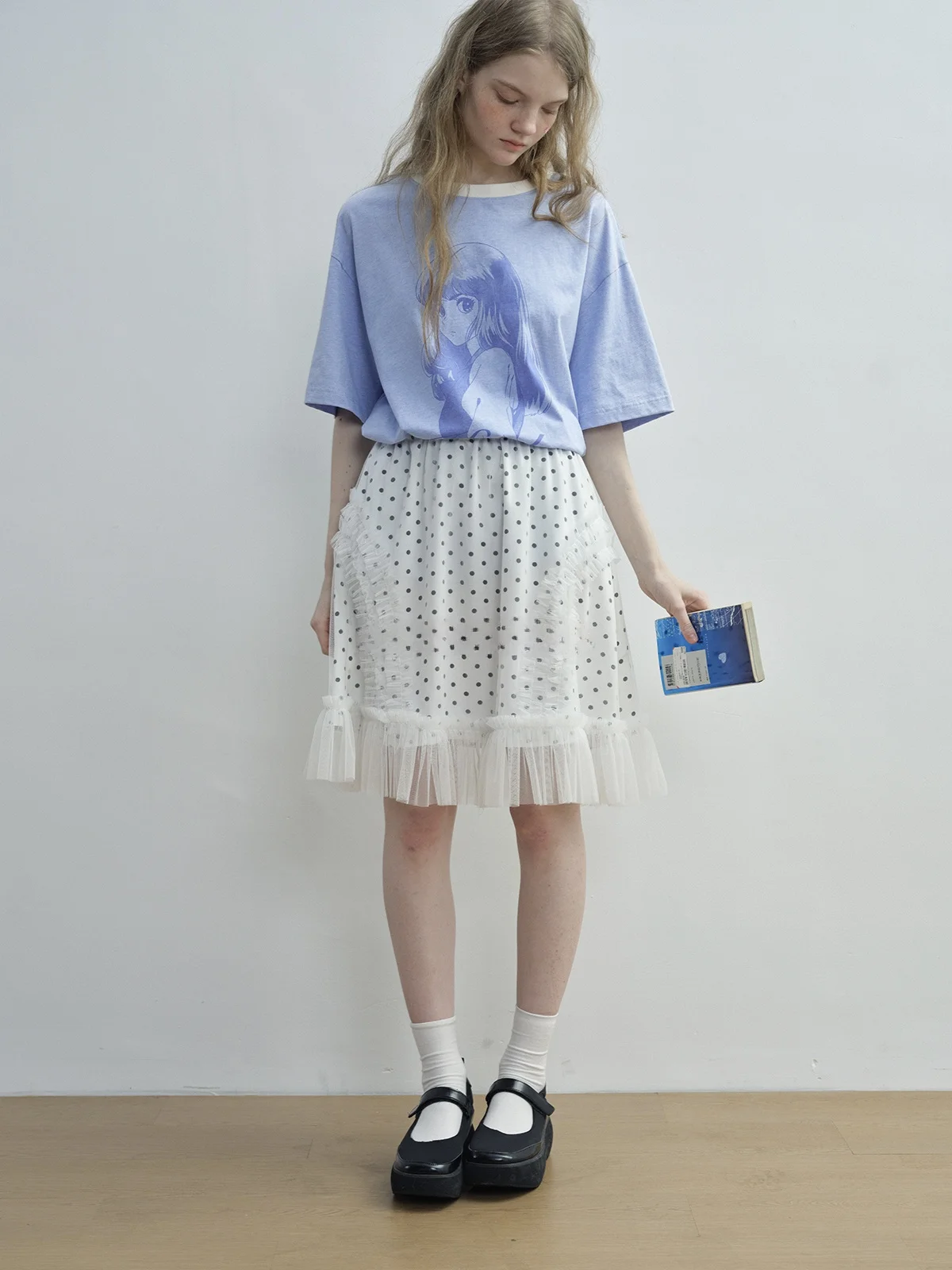 

Kokoasoko White Polka Dot Mesh Half Skirt Women's Loose High Waist A-Line Short Skirt Summer New Style Slimming Effect