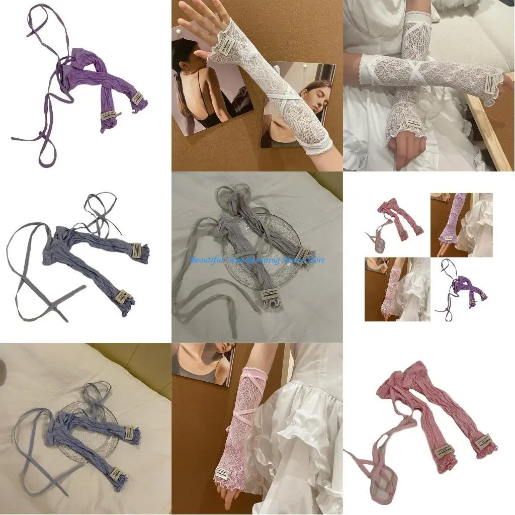 

E56A Sweet Fingerless Gloves Short Sleeve Balletcore Arm Sleeves Laciness Subculture