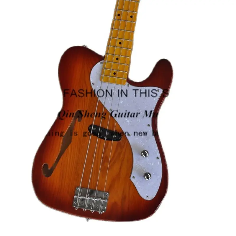 4 Strings Bass Semi Hollow Guitar Sunburst Cherry Bass ASH Wood Body Fixed Bridge Chrome Tuners White Pearl Pickguard