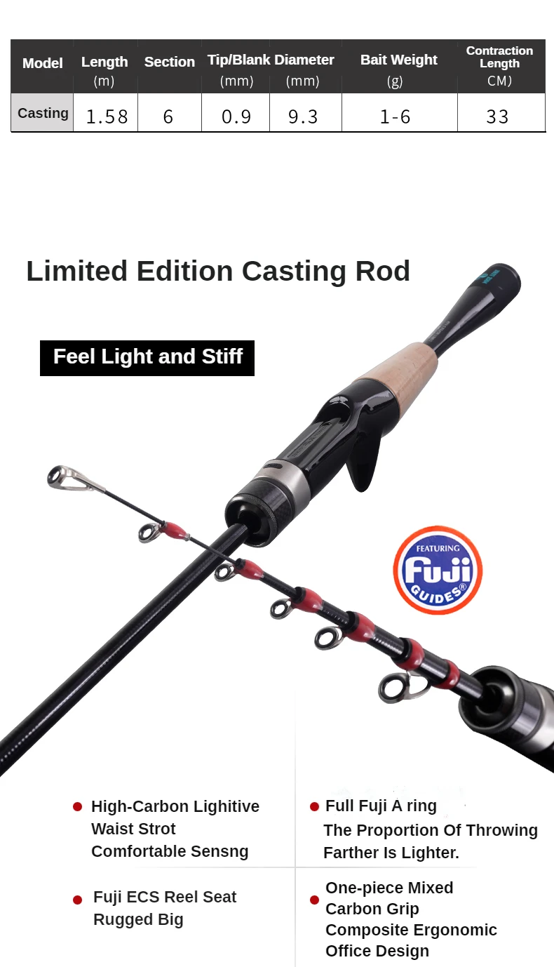 PURELURE 1,50 m XUL BFS Teleskoprute 5ft Reiserute Forelle Spinning Casting Solid Tip Carbon Angelrute Kleine Köder Barschrute – Detail 15