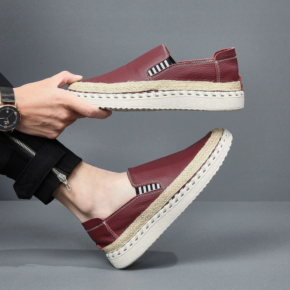 Casual Shoes Men's New Summer Man's Genuine Leather Hand Sewn Grass Woven Fishing Shoes Casual One Foot Mens Shoes Loafers Man image 6