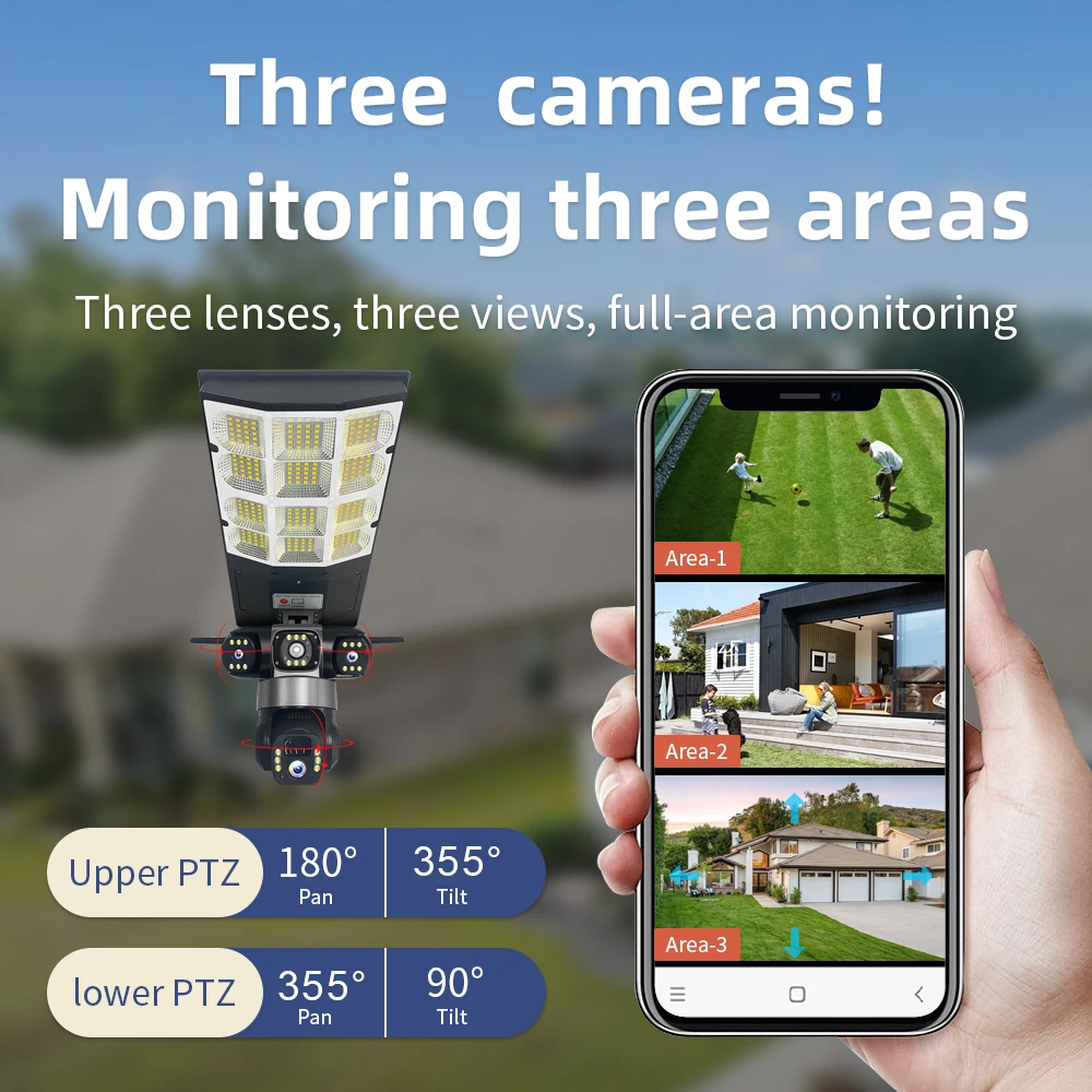 V380 Triple Lens Solar Camera Outdoor Wireless WiFi Battery Powered Home Surveillance Night Vision Security System Monitoring
