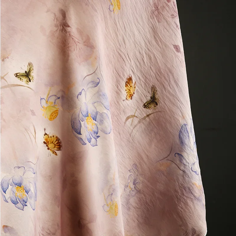 1 Meter Digital Printed Lotus Pattern Brocade Cotton Fabric Summer Thin Dress Fabric National Style Cheongsam Shirt Fabric